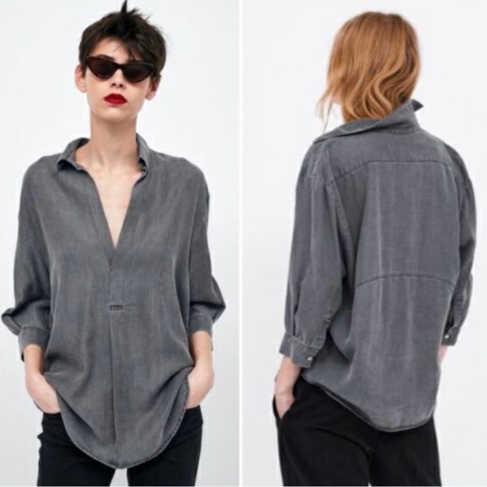 Zara Gray Chambray Lyocell Popover V-Neck Top, Size XS